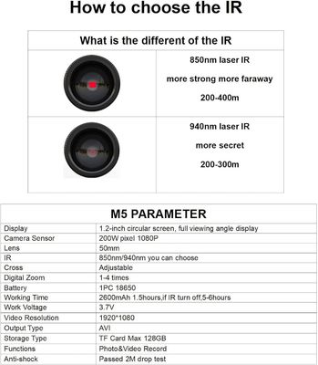 M5 디지털 1080P 낮과 밤 시야 총기 범주 사냥 단광 카메라 850 또는 940nm IR (M5-50-IR940-GP)